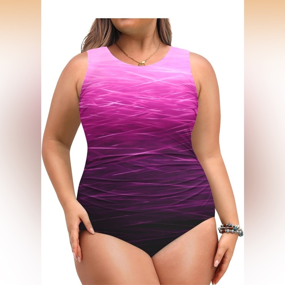 Daci Pink Gradient Plus Size One Piece Swimsuit Tummy Control Athletic/291-2